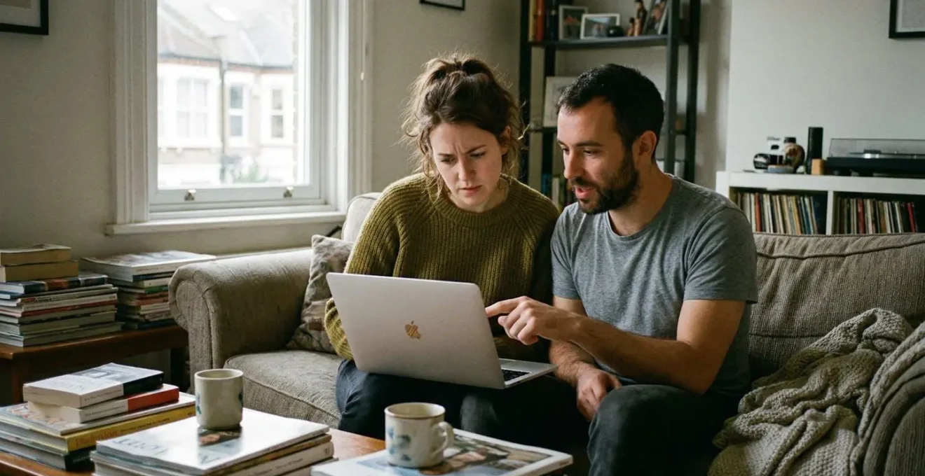 Un couple trentenaire assis sur un canapé consulte ensemble un ordinateur portable dans leur salon lumineux