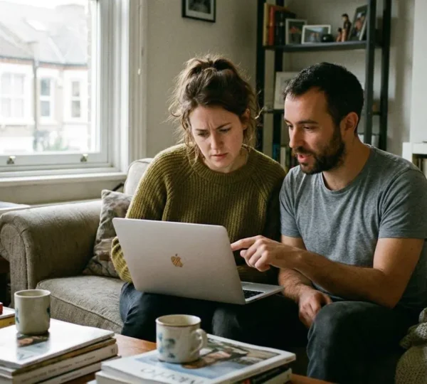 Un couple trentenaire assis sur un canapé consulte ensemble un ordinateur portable dans leur salon lumineux