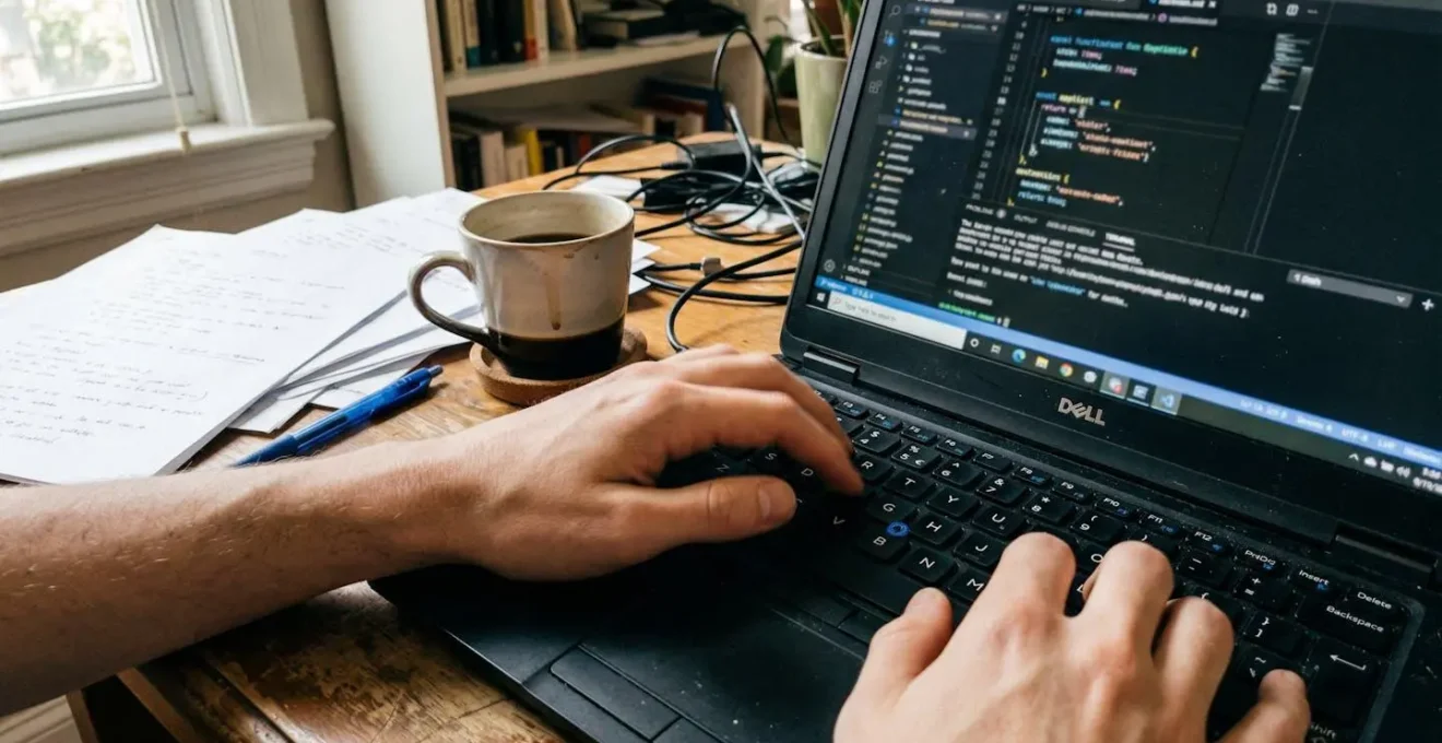 Des mains tapent sur un clavier d'ordinateur portable posé sur un bureau avec des documents et une tasse de café