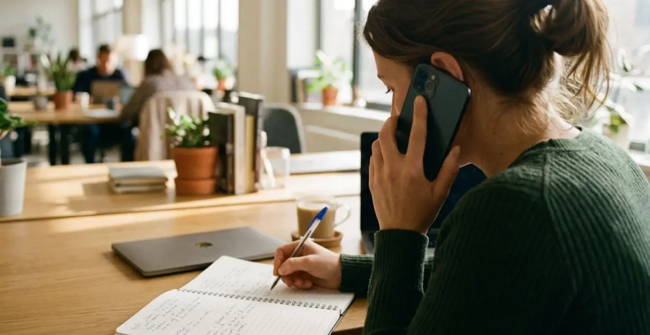 Une personne au téléphone prend des notes sur un carnet dans un espace de travail lumineux