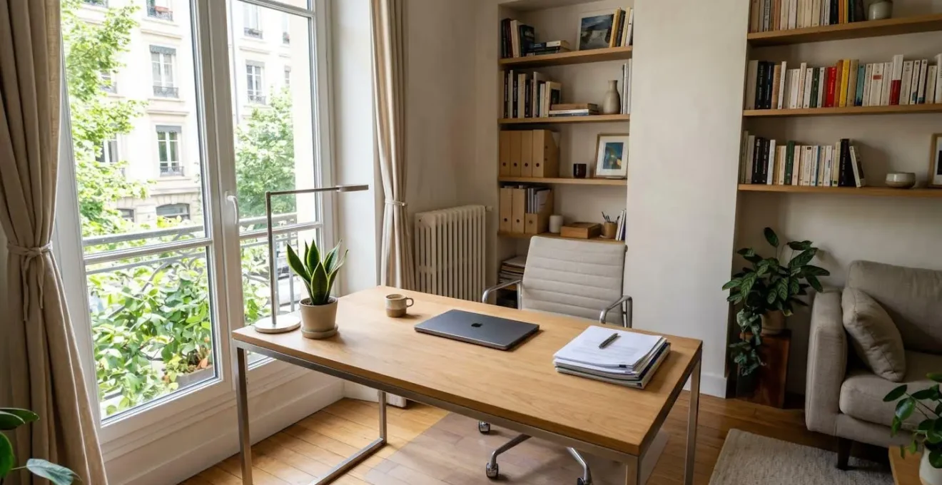 Bureau contemporain épuré avec un ordinateur portable fermé et des documents bien organisés, éclairé par une lumière naturelle abondante, avec une plante verte en arrière-plan