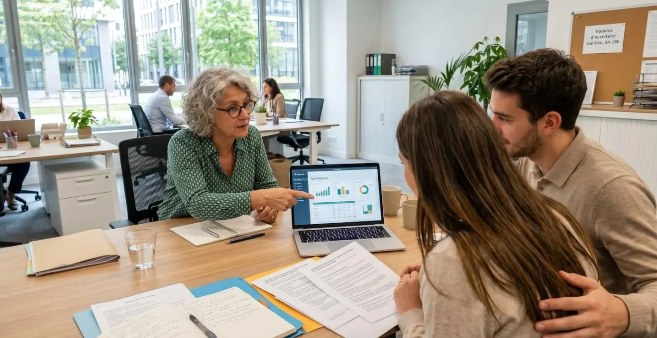 Un conseiller assis face à un jeune couple trentenaire consultant ensemble des documents sur un ordinateur portable dans un bureau lumineux