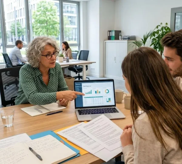 Un conseiller assis face à un jeune couple trentenaire consultant ensemble des documents sur un ordinateur portable dans un bureau lumineux