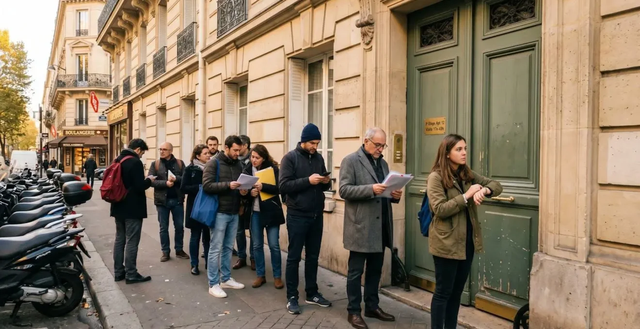 File d'attente de candidats locataires devant un immeuble parisien lors d'une visite d'appartement, illustrant la forte concurrence sur le marché locatif