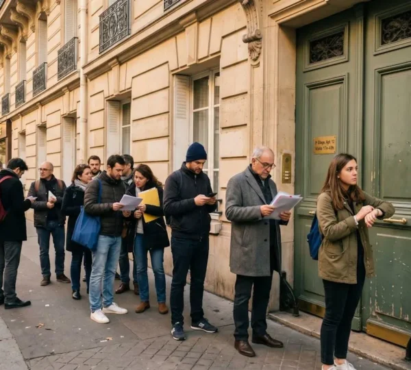 File d'attente de candidats locataires devant un immeuble parisien lors d'une visite d'appartement, illustrant la forte concurrence sur le marché locatif