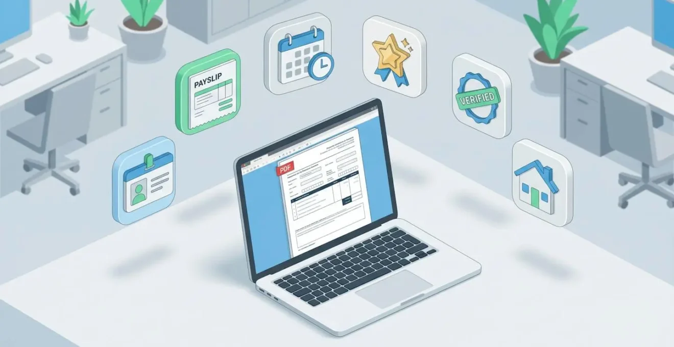 Illustration isométrique d'un bureau avec ordinateur portable et icônes flottantes représentant les éléments d'un dossier de location optimisé : documents, timing, validation