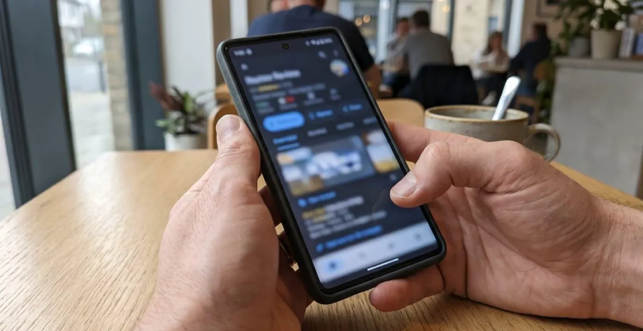 Gros plan sur des mains tenant un smartphone affichant une interface d'avis en ligne avec l'écran complètement flouté et un arrière-plan lumineux en bokeh